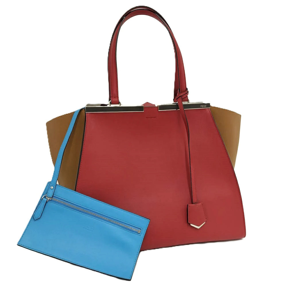 Fendi Trois Handbag Leather Red Brown